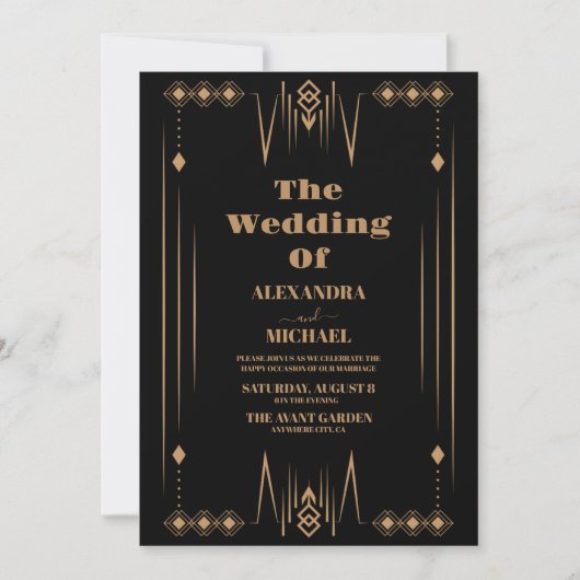 Art Deco Elegant Classic Gold Lijst Black Wedding Kaart (Voorkant)