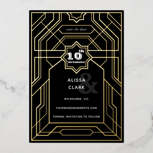 Art Deco Elegant slaat de datum op Folie Uitnodiging (Voorkant)