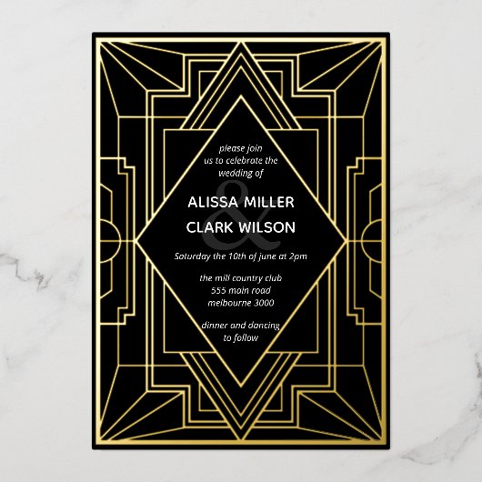 Art Deco Elegant Wedding Gold Folie Uitnodiging (Voorkant)