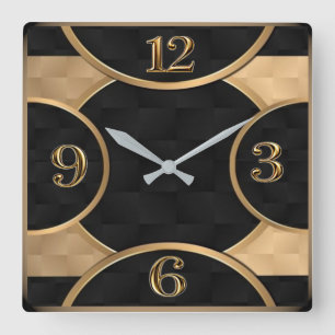 Art Deco Elegant Zwart en Goud Vierkante Klok
