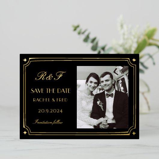 Art Deco Elegant Zwart Goud 20s Classic Folie Uitnodiging (Staand Voorkant)