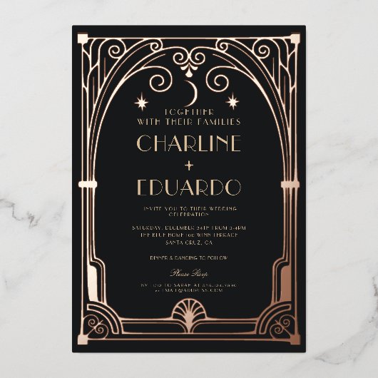 Art Deco Elegant Zwart Goud 20s Klassieke Bruiloft Folie Uitnodiging (Voorkant)