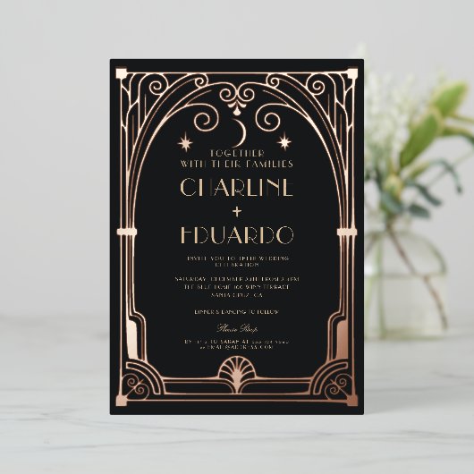 Art Deco Elegant Zwart Goud 20s Klassieke Bruiloft Folie Uitnodiging (Staand Voorkant)