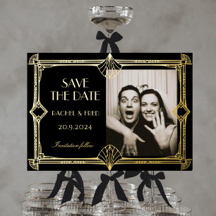 Art Deco Elegant Zwart Goud 20s save the date Folie Uitnodiging