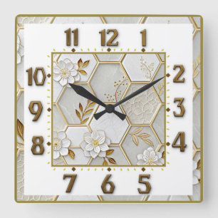 Art Deco Elegante Wit, Goud en Bloemen Vierkante Klok