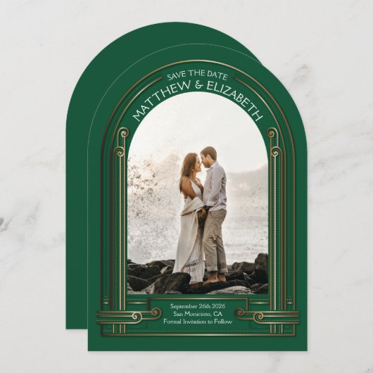 Art Deco Emerald Green Bronze Arch Bewaar de datum Kaart (Voorkant / Achterkant)