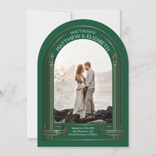 Art Deco Emerald Green Bronze Arch Bewaar de datum Kaart (Voorkant)