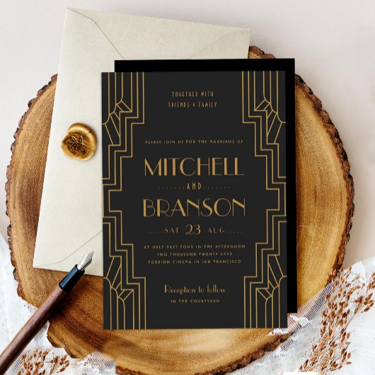 Art Déco Faire-part de mariage Gold Black Gay Mari