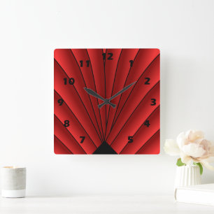 Art Deco Fan Design Red Square wandklok Vierkante Klok