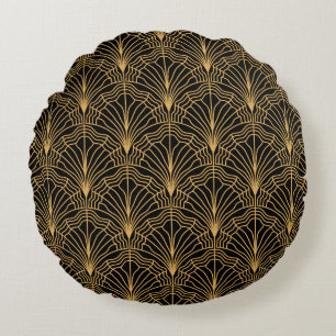 Art Deco Fan: Geometrisch Geel Zwart Rond Kussen