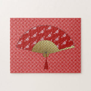 Art Deco Fan in een vlinderpatroon, diep rood Legpuzzel