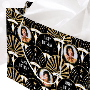 Art Deco Fan Verjaardag Faux Glitter Foto Zwart Groot Cadeauzakje