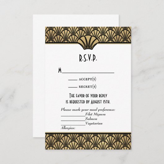 Art Déco Faux Or Noir Noir Mariage Classique RSVP (Devant / Derrière)