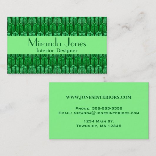 Art Deco Feather Pattern, Emerald Green Business Visitekaartje (Voorkant / Achterkant)
