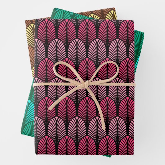 Art Deco Feather Pattern, Fuchsia, Aqua & Brown Inpakpapier Vel (In situ)