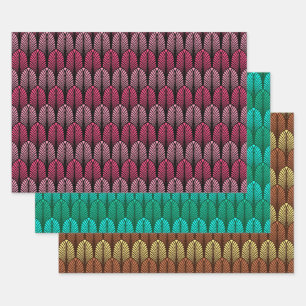 Art Deco Feather Pattern, Fuchsia, Aqua & Brown Inpakpapier Vel