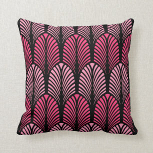 Art Deco Feather Pattern, Fuchsia Pink en Black Kussen