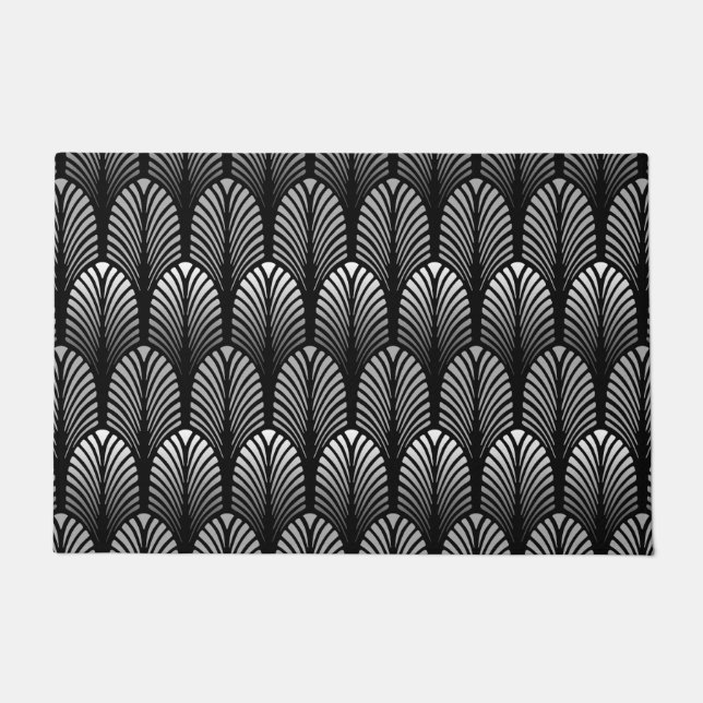 Art Deco Feather Pattern, Silver Grey en Black Deurmat (Voorkant)