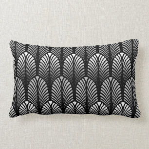 Art Deco Feather Pattern, Silver Grey en Black Kussen