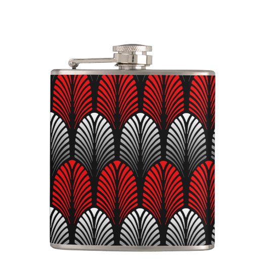 Art Deco Feather Pattern, Silver Grey en Red Heupfles (Voorkant)