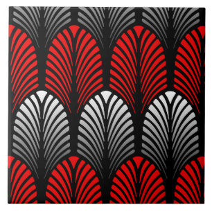 Art Deco Feather Pattern, Silver Grey en Red Tegeltje