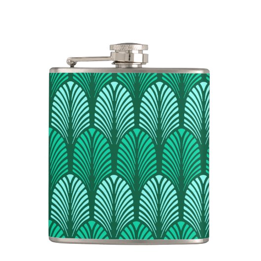 Art Deco Feather Pattern, Turquoise en Aqua Heupfles (Voorkant)