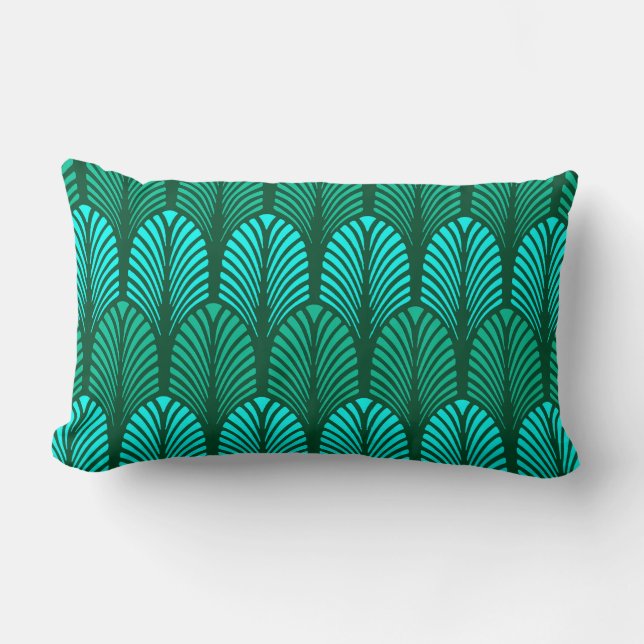 Art Deco Feather Pattern, Turquoise en Aqua Kussen (Voorkant)