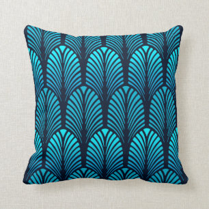 Art Deco Feather Pattern, Turquoise en Navy Kussen