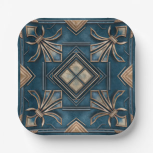  Art Deco Fleur-de-lis - Blauw en goud Papieren Bordje