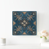 Art Deco Fleur-de-lis - Blauw en goud Vierkante Klok (Huis)