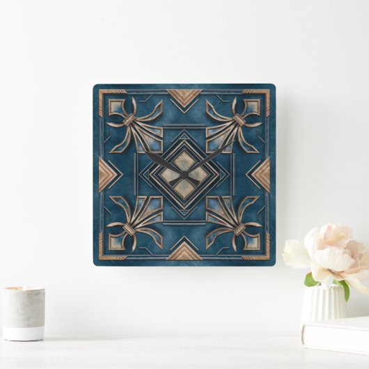  Art Deco Fleur-de-lis - Blauw en goud Vierkante Klok (Huis)