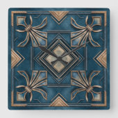  Art Deco Fleur-de-lis - Blauw en goud Vierkante Klok (Voorkant)