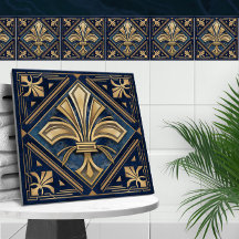 Art Deco Fleur-de-lis - Blauw Marmer en Goud