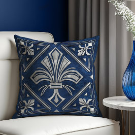 Art Deco Fleur-de-lis Blauw marmer en Parel Kussen