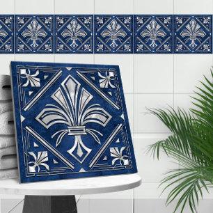 Art Deco Fleur-de-lis - blauw marmer en parel Tegeltje