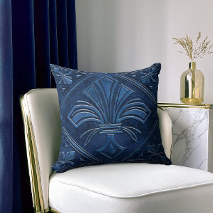 Art Deco Fleur-de-lis Blauw marmer Kussen