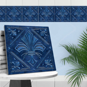Art Deco Fleur-de-lis - Blauw Marmer Tegeltje