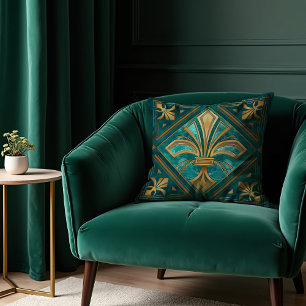 Art Deco Fleur-de-lis - Groen en goud Kussen