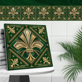 Art Deco Fleur-de-lis - Groen Marmer en Goud Tegeltje