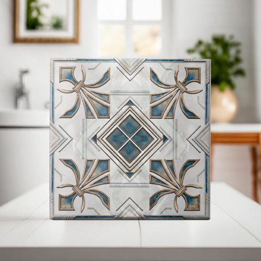  Art Deco Fleur-de-lis - Pearl Blue Gold Tegeltje