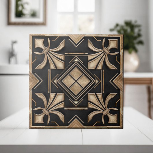 Art Deco Fleur-de-lis - Zwart en Goud Tegeltje