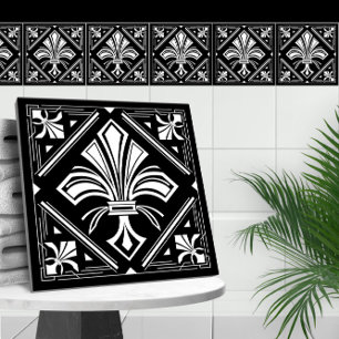 Art Deco Fleur-de-lis - zwart en wit Tegeltje
