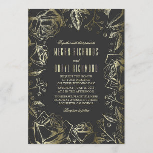 Art Deco  Floral Black en Gold Wedding Kaart