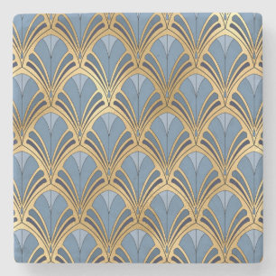 Art Deco  Floral Fan Pattern Blue Gold Stenen Onderzetter