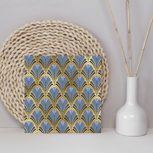 Art Deco Floral Fan Pattern Blue Gold Tegeltje