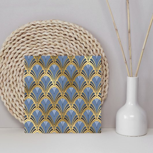 Art Deco Floral Fan Pattern Blue Gold Tegeltje