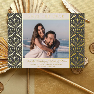 Art Deco Floral Lotus Bruiloft Save The Date Gold Folie Uitnodiging