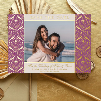 Art Deco Floral Lotus Bruiloft Save The Date Gold Folie Uitnodiging