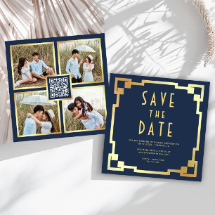 Art Deco Frame Navyblauw Goud QR Code Huwelijk Save The Date