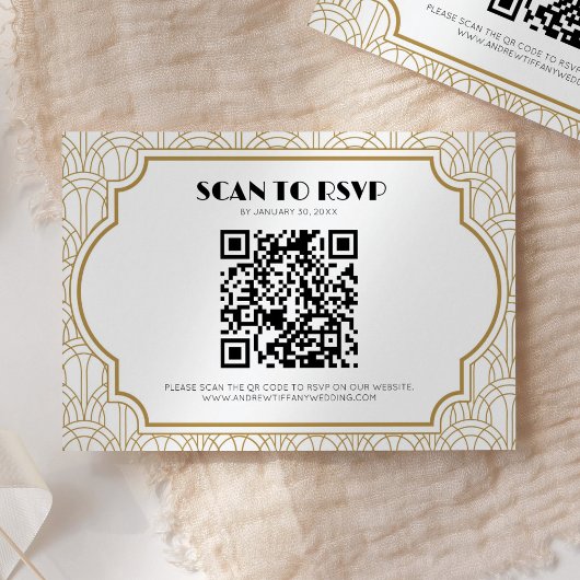 Art Deco Gatsby 1920s Bruiloft Wit Goud QR Code RSVP Kaartje